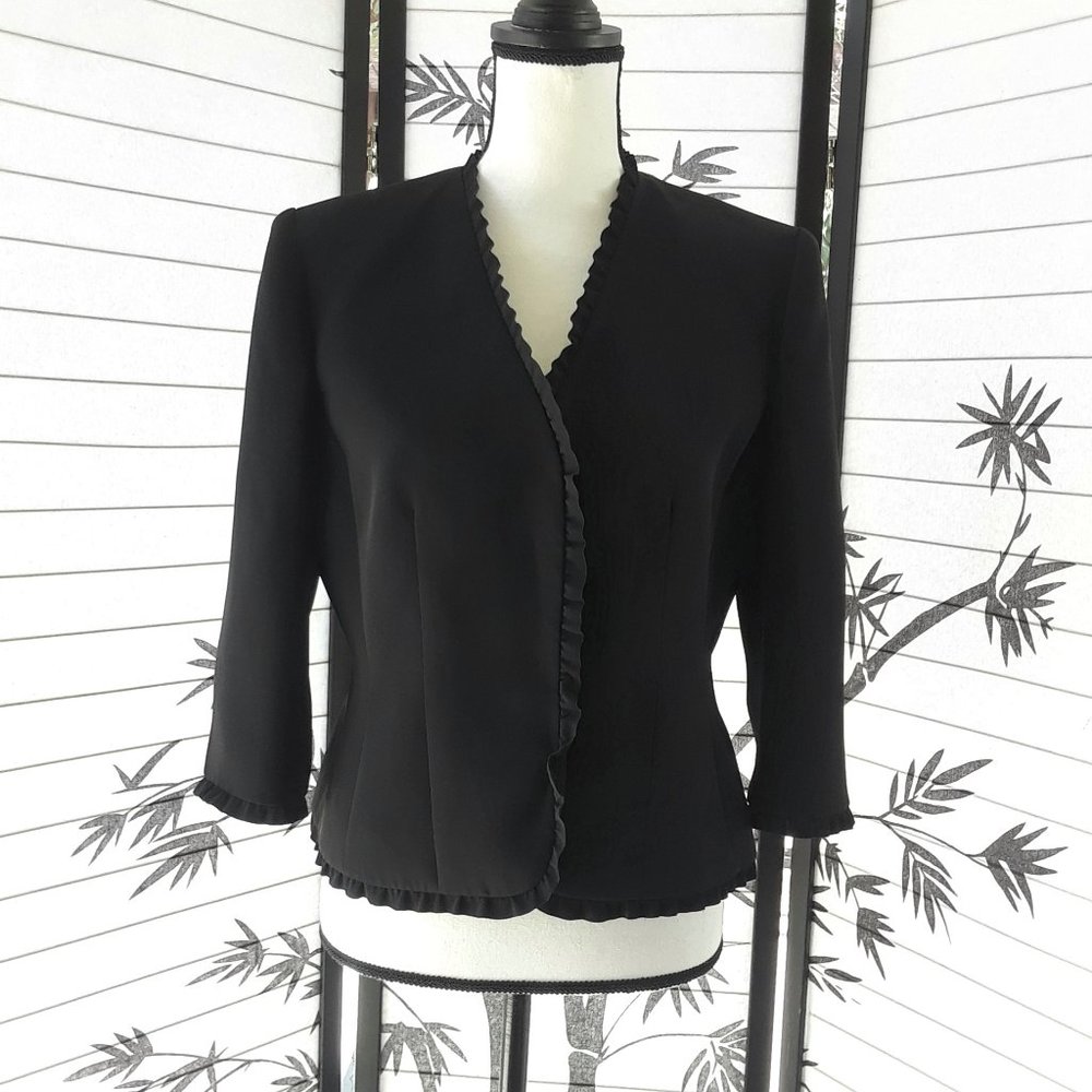 Tahari V Neck Ruffle Trim 3/4 Sleeve Black Blazer